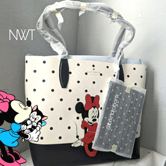 NWT KATE SPADE DISNEY Minnie Mouse & Figaro Reversible Polka Dot Tote & Pouch - Picture 5 of 16